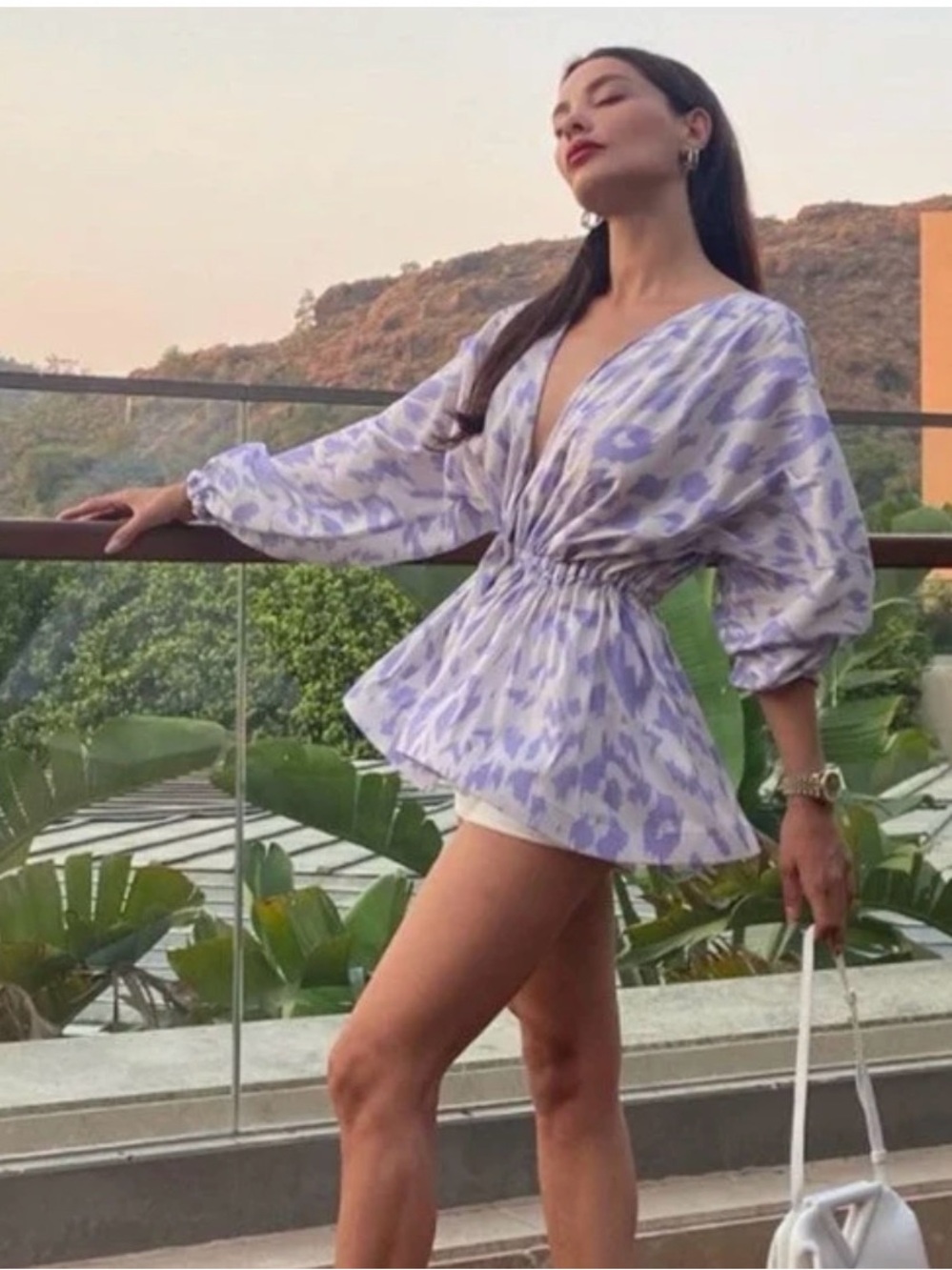 Sagaza Lilac & White Patterned Cinch-Waist Tunic